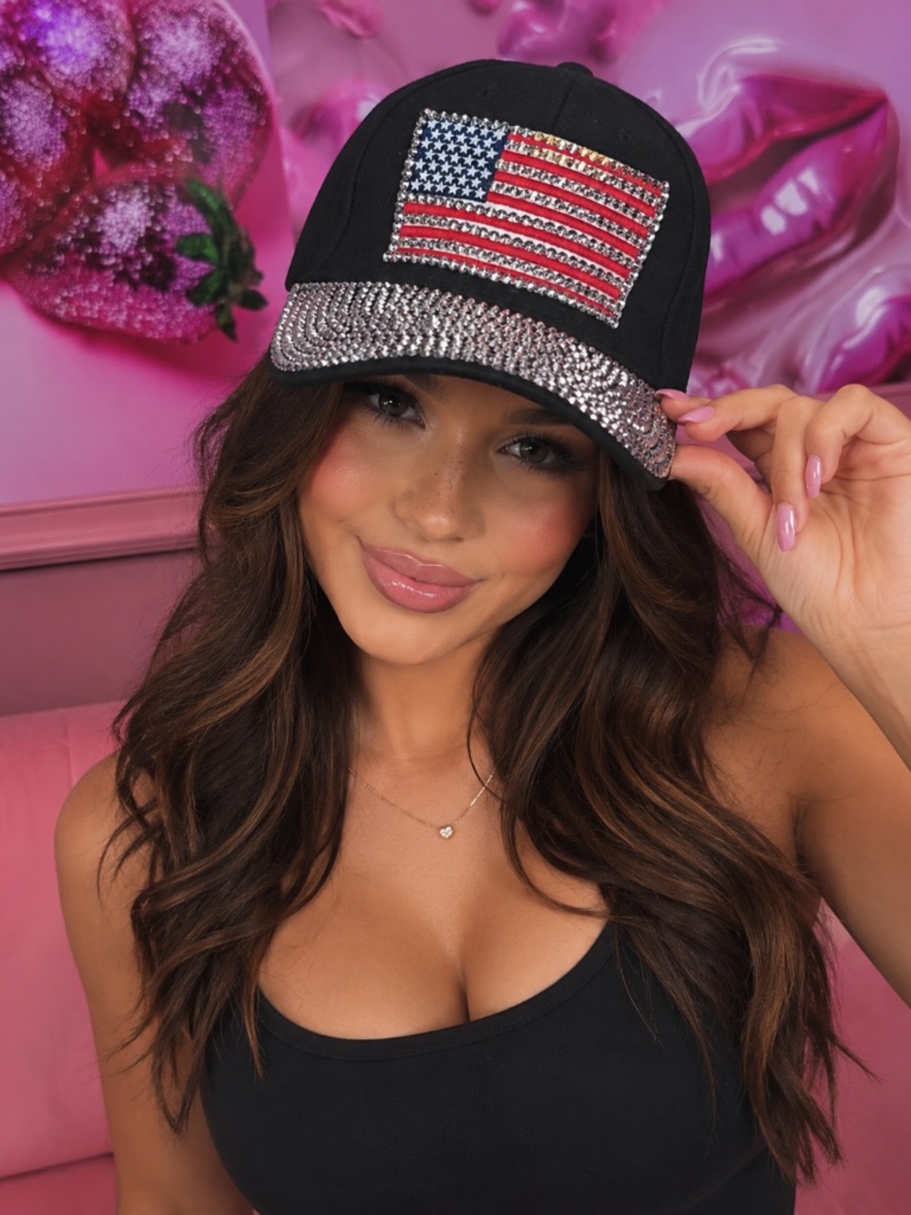 Black Rhinestone Flag Baseball Cap